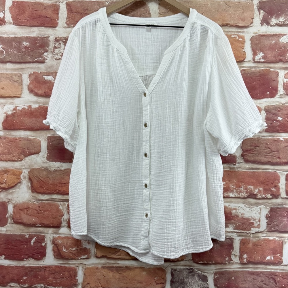 Anthropologie Top Women's 2X Plain White Gauzy Beachy Casual Button Up Shirt
